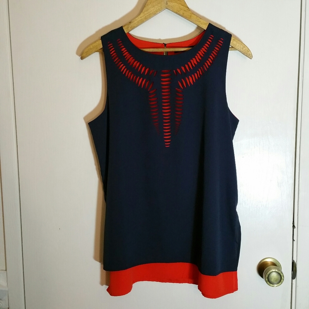 Jennifer & Grace navy and orange sleeveless blouse